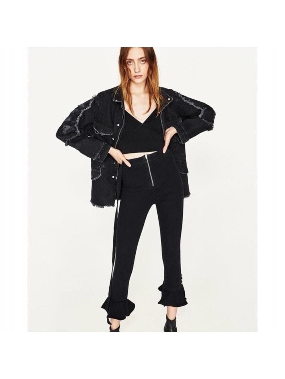 Zara Premium Denim Black Flamingo jeans with ruffle bottom 4 NWOT